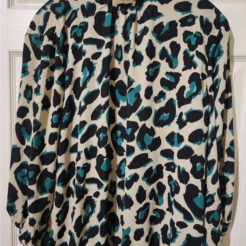 New York & Company Teal and Black Animal Print Blouse